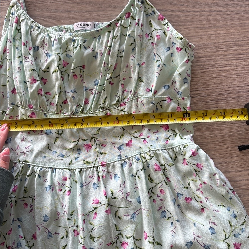 Cisono Floral Mini Dress Green Pink Cottagecore Summer Dress Size L - Picture 6 of 6